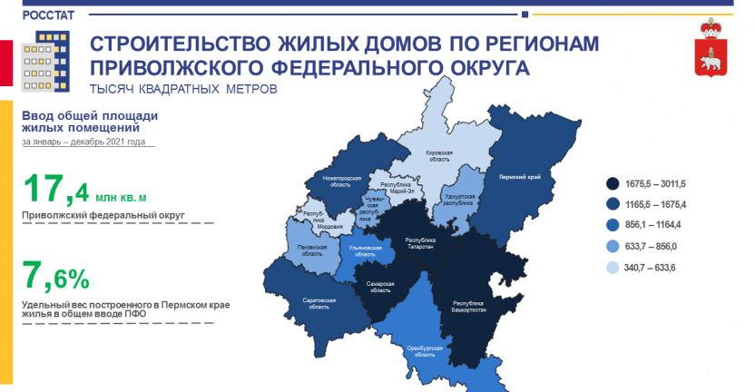 Строительство жилых домов по регионам Приволжского федерального округа за январь-декабрь 2021 года